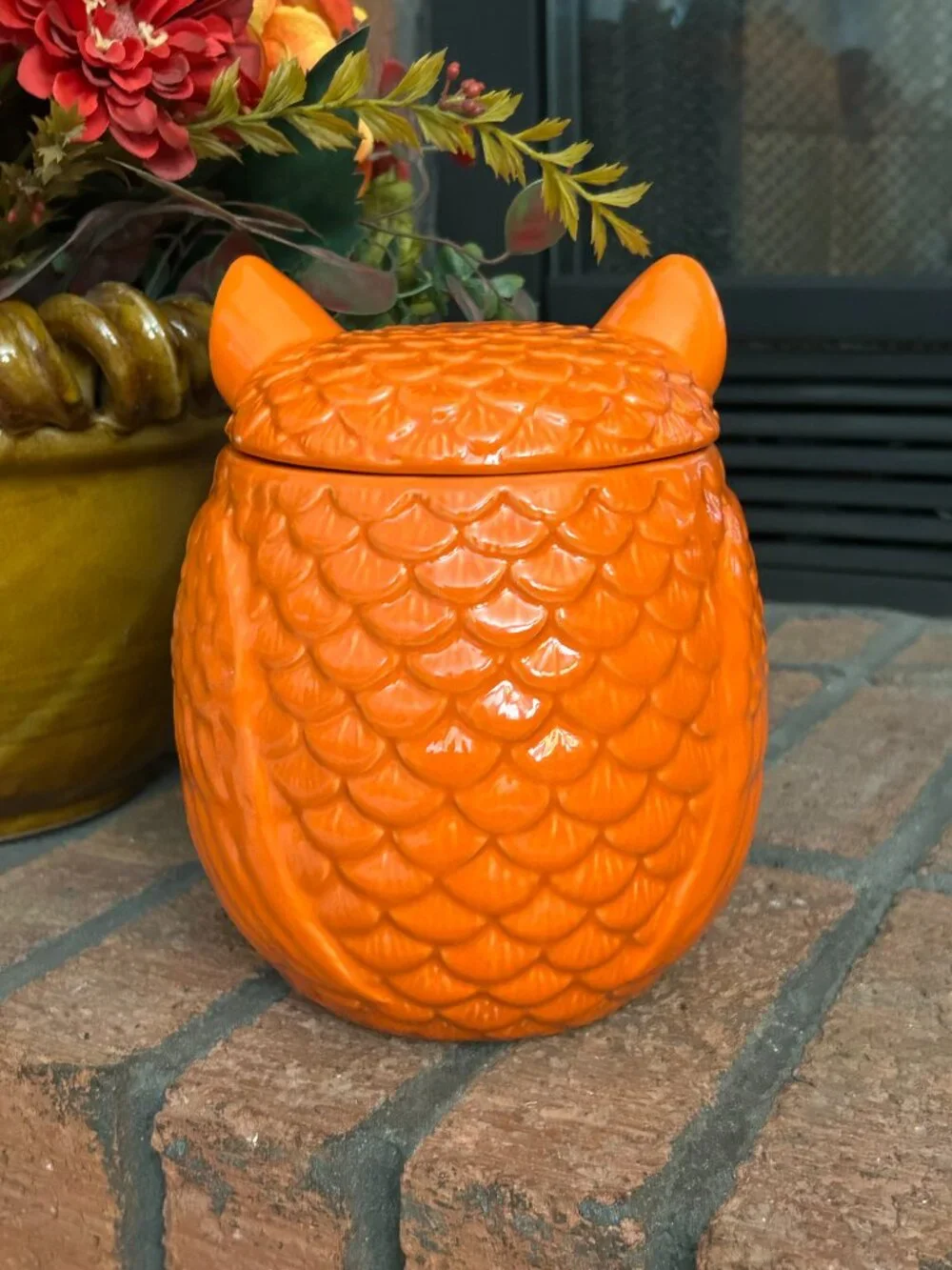 Orange Ceramic Owl Cookie Jar Canister w Lid Fall Halloween Decor 7.75